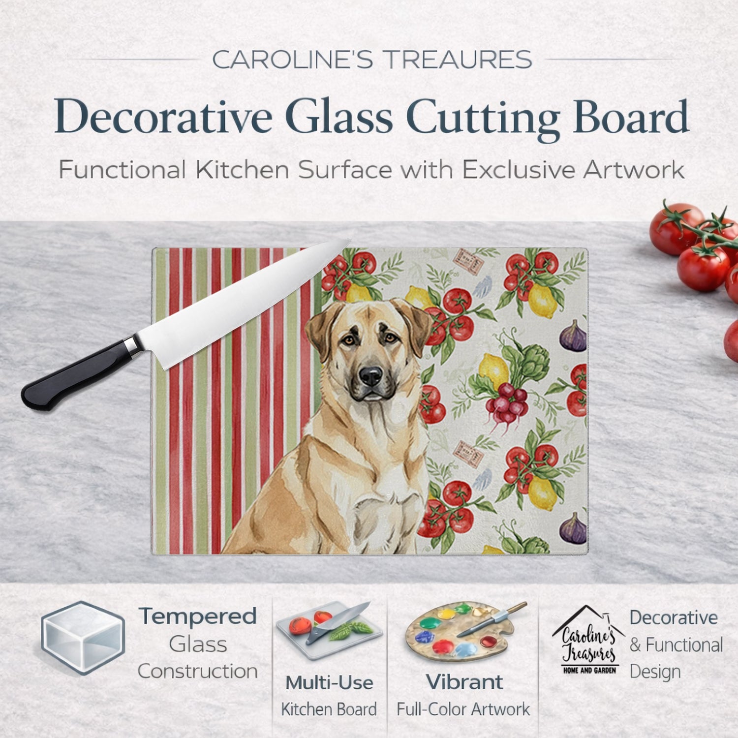 Anatolian Shepherd Dog Vegetables Cutting Board Tempered Glass Kitchen Cutting Surface, Heat Resistant Chopping, Non-Slip Feet, Food Prep & Serving