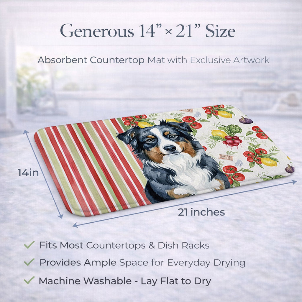 Black Australian Shepherd Vegetables Dish Drying Mat Absorbent Dish Drying Mat Pad for Kitchen Counter Dish Drainer Mat for Countertop, 14 x 21", Multicolor