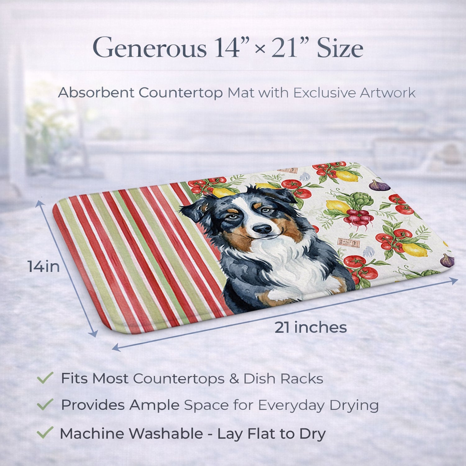 Black Australian Shepherd Vegetables Dish Drying Mat Absorbent Dish Drying Mat Pad for Kitchen Counter Dish Drainer Mat for Countertop, 14 x 21", Multicolor