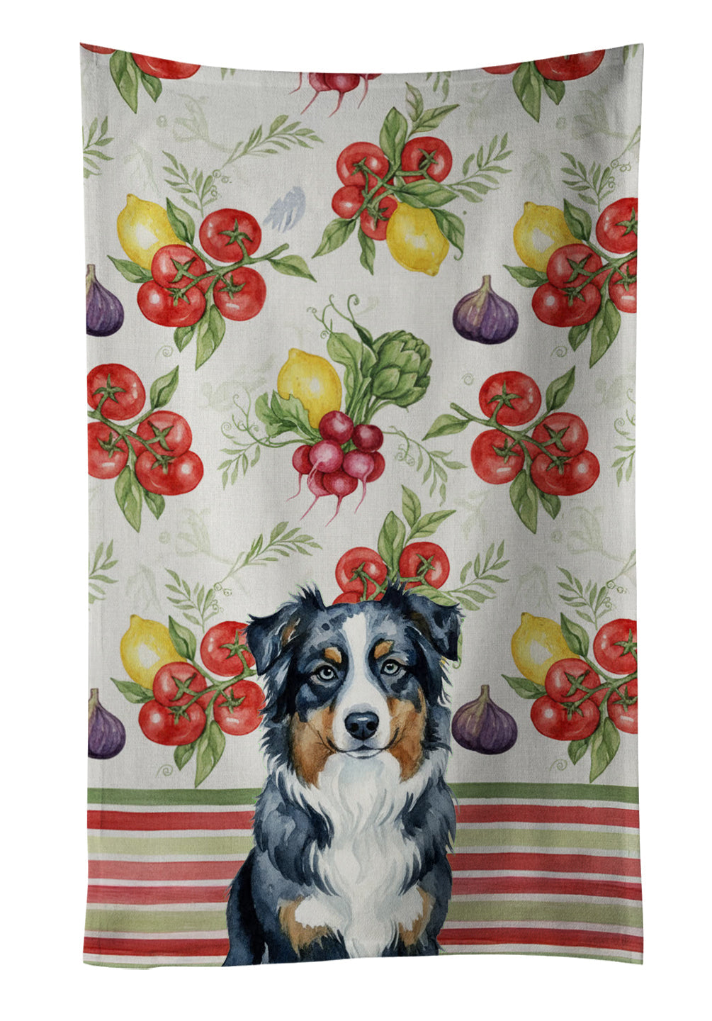 Black Australian Shepherd Vegetables Kitchen Towel Velour Plush Front and Cotton Loop Back Machine Washable