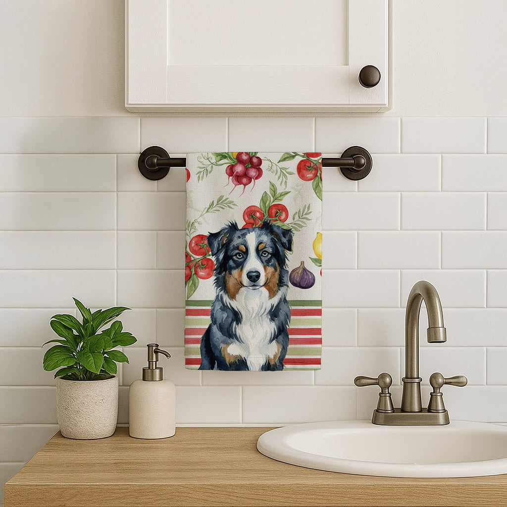 Black Australian Shepherd Vegetables Kitchen Towel Velour Plush Front and Cotton Loop Back Machine Washable