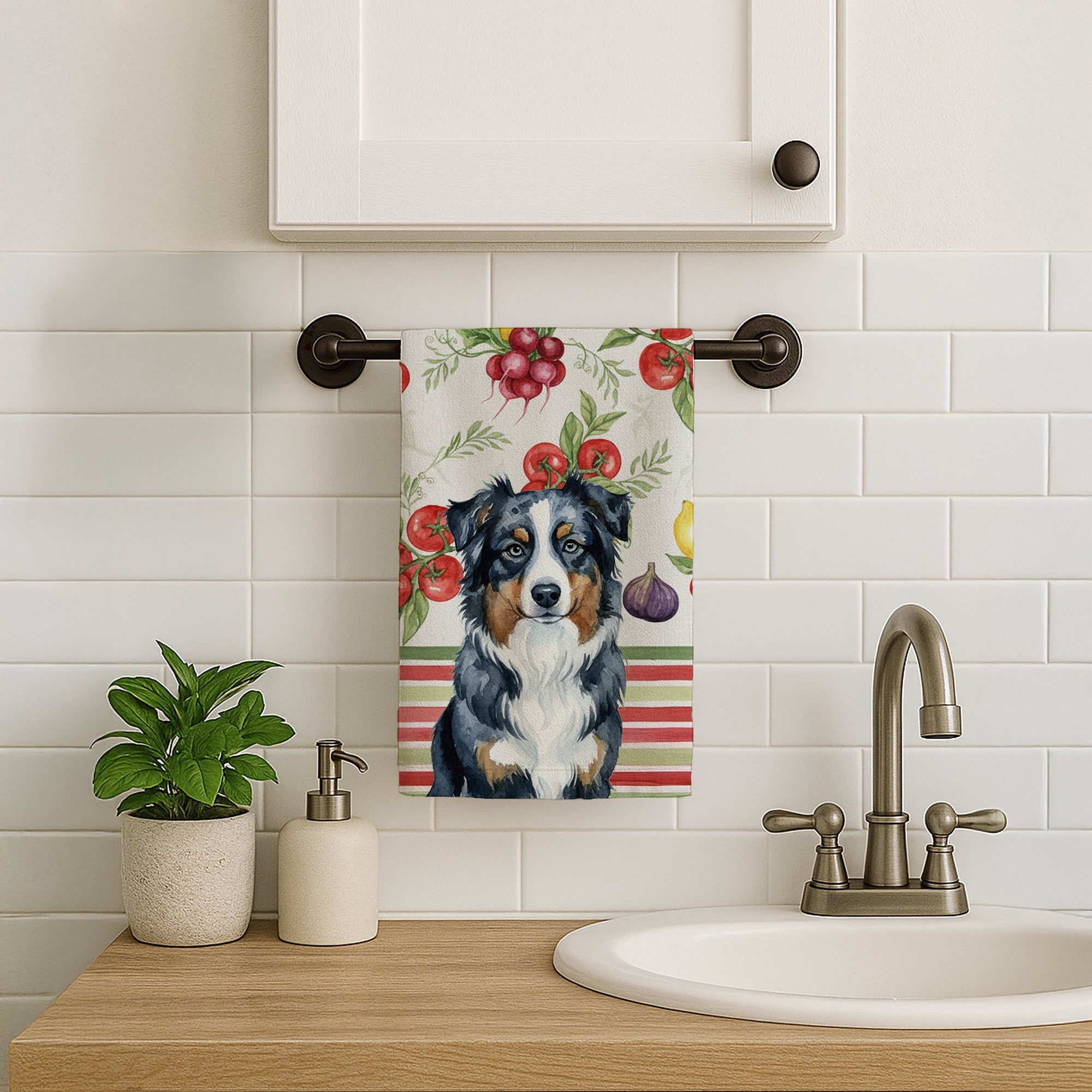 Black Australian Shepherd Vegetables Kitchen Towel Velour Plush Front and Cotton Loop Back Machine Washable