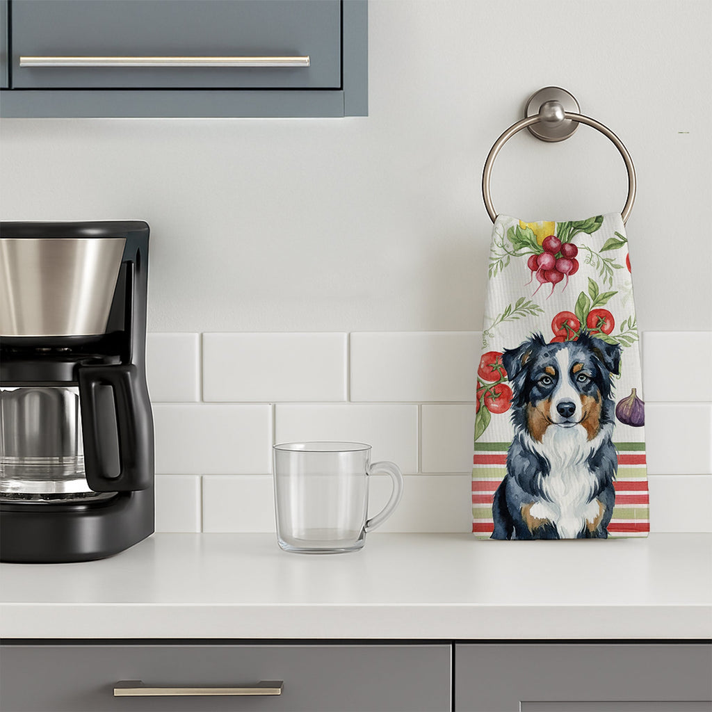 Black Australian Shepherd Vegetables Kitchen Towel Velour Plush Front and Cotton Loop Back Machine Washable