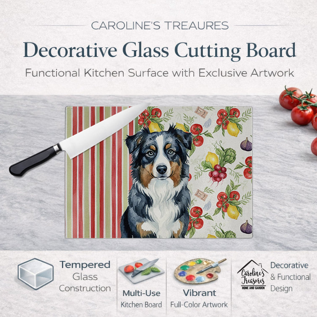 Black Australian Shepherd Vegetables Cutting Board Tempered Glass Kitchen Cutting Surface, Heat Resistant Chopping, Non-Slip Feet, Food Prep & Serving
