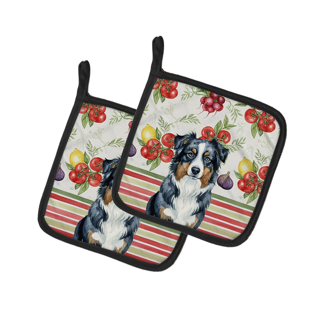 Black Australian Shepherd Vegetables Pot Holder Set of 2 Heat Resistant Quilted Hot Pads 7.5 x 7.5 Inch, Insulated Kitchen Trivets for Cooking & Baking