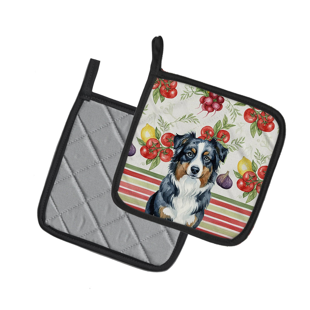 Black Australian Shepherd Vegetables Pot Holder Set of 2 Heat Resistant Quilted Hot Pads 7.5 x 7.5 Inch, Insulated Kitchen Trivets for Cooking & Baking