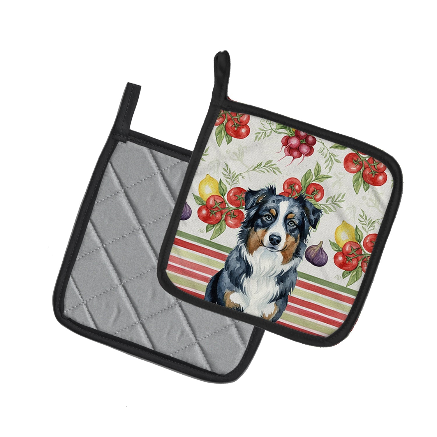 Black Australian Shepherd Vegetables Pot Holder Set of 2 Heat Resistant Quilted Hot Pads 7.5 x 7.5 Inch, Insulated Kitchen Trivets for Cooking & Baking