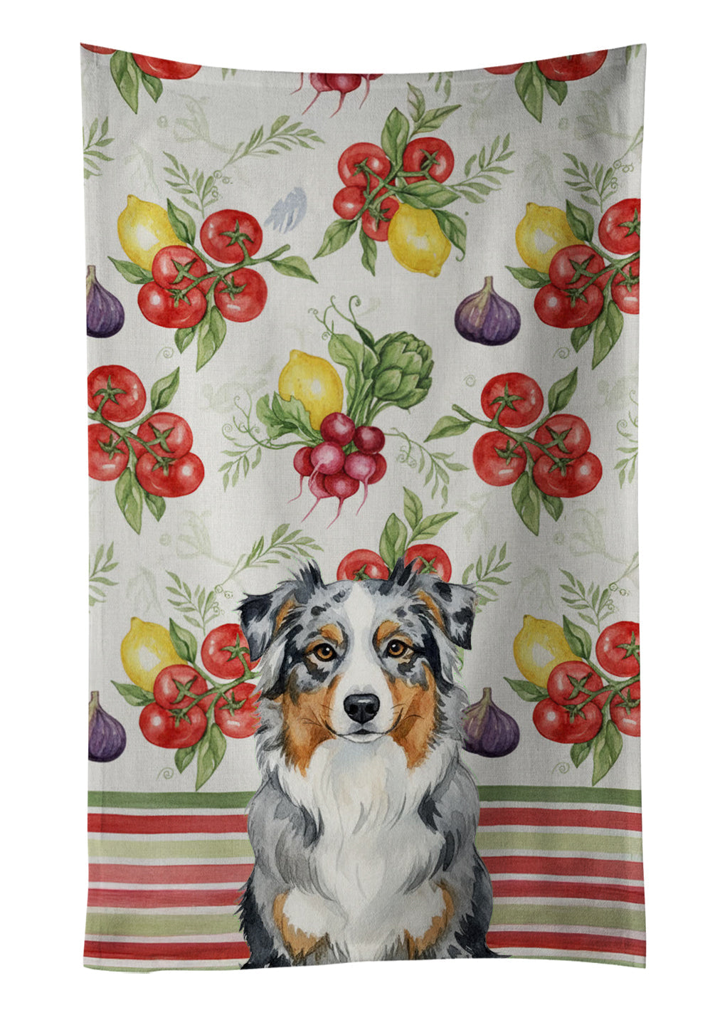 Blue Merle Australian Shepherd Vegetables Kitchen Towel Velour Plush Front and Cotton Loop Back Machine Washable