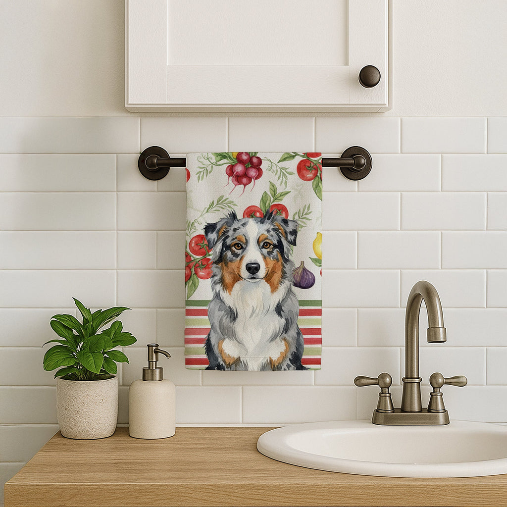 Blue Merle Australian Shepherd Vegetables Kitchen Towel Velour Plush Front and Cotton Loop Back Machine Washable