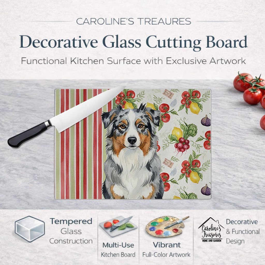 Blue Merle Australian Shepherd Vegetables Cutting Board Tempered Glass Kitchen Cutting Surface, Heat Resistant Chopping, Non-Slip Feet, Food Prep & Serving