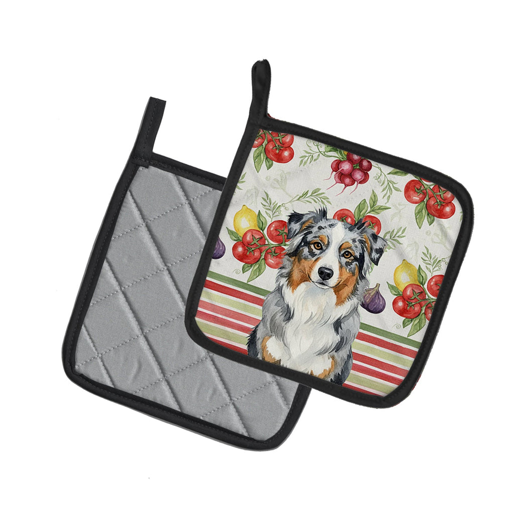 Blue Merle Australian Shepherd Vegetables Pot Holder Set of 2 Heat Resistant Quilted Hot Pads 7.5 x 7.5 Inch, Insulated Kitchen Trivets for Cooking & Baking