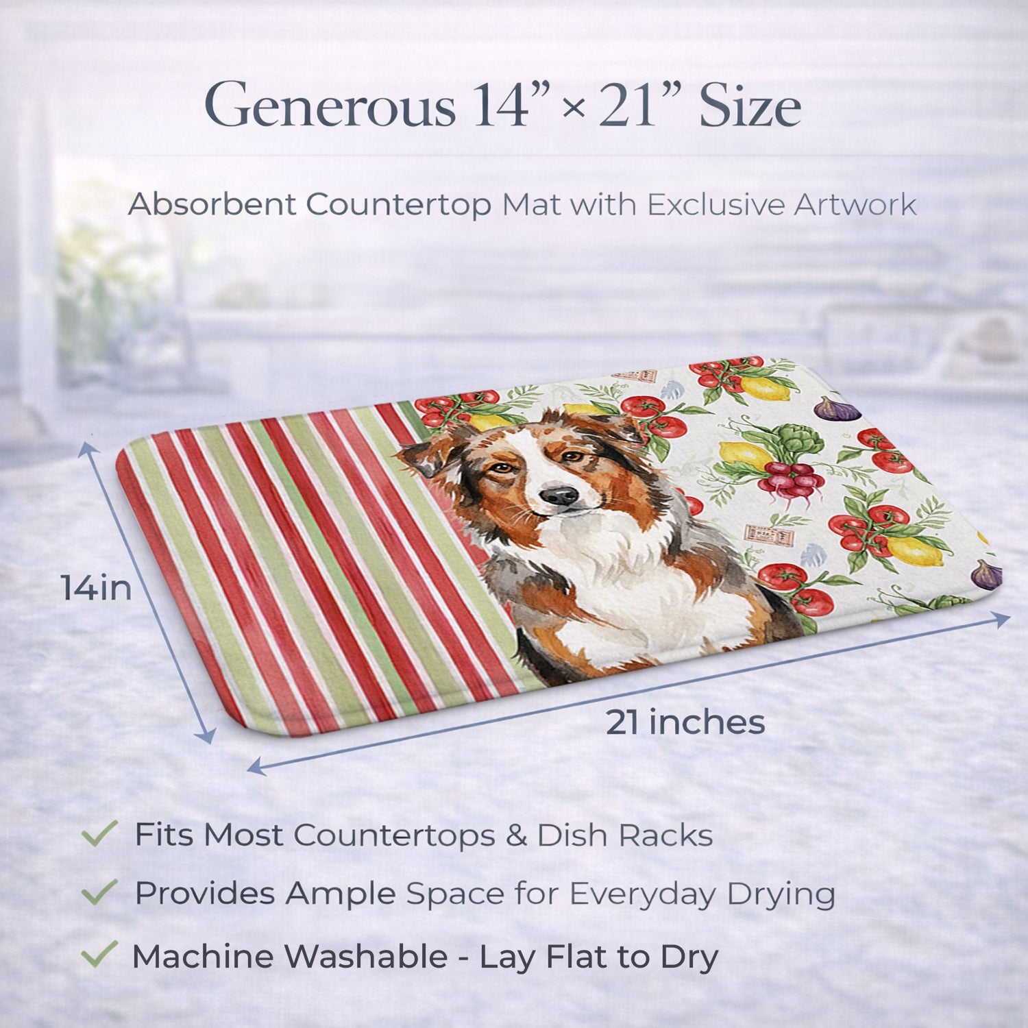 Red Merle Australian Shepherd Vegetables Dish Drying Mat Absorbent Dish Drying Mat Pad for Kitchen Counter Dish Drainer Mat for Countertop, 14 x 21", Multicolor