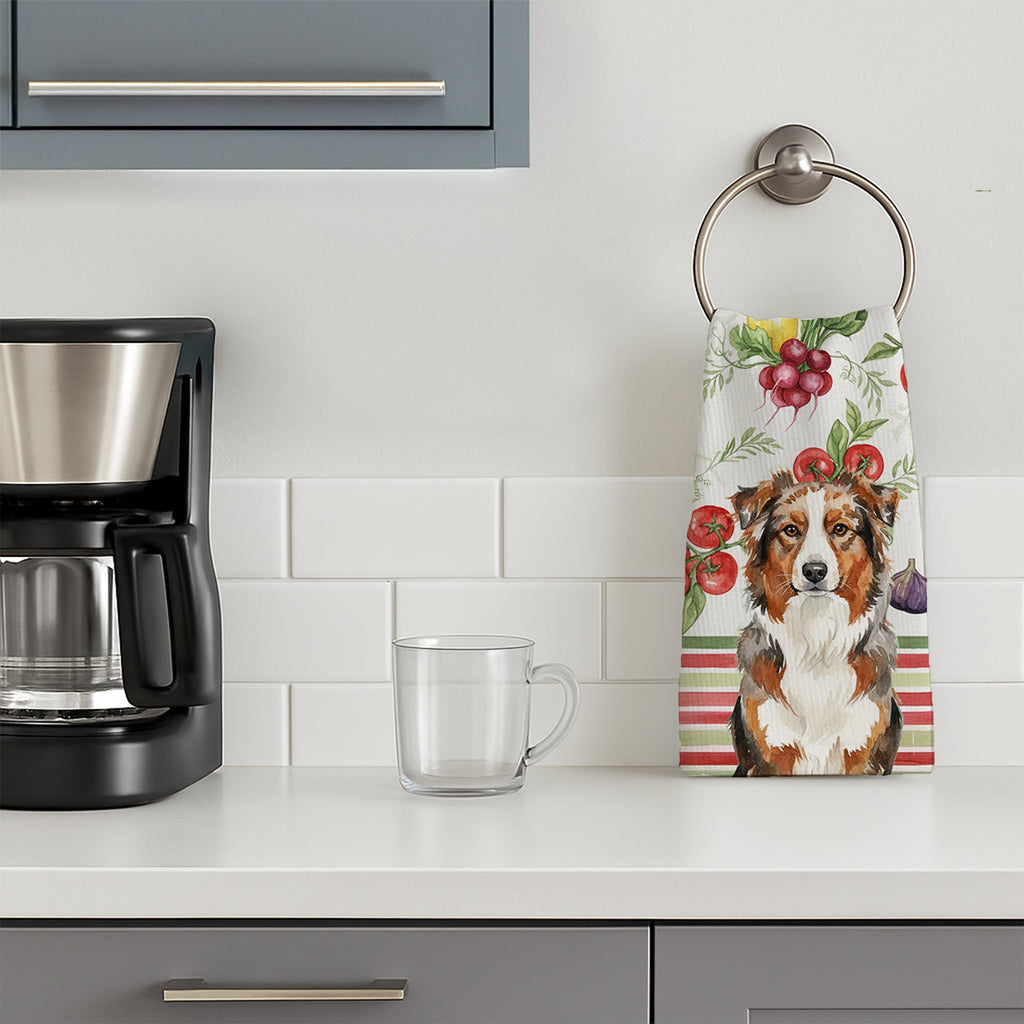 Red Merle Australian Shepherd Vegetables Kitchen Towel Velour Plush Front and Cotton Loop Back Machine Washable