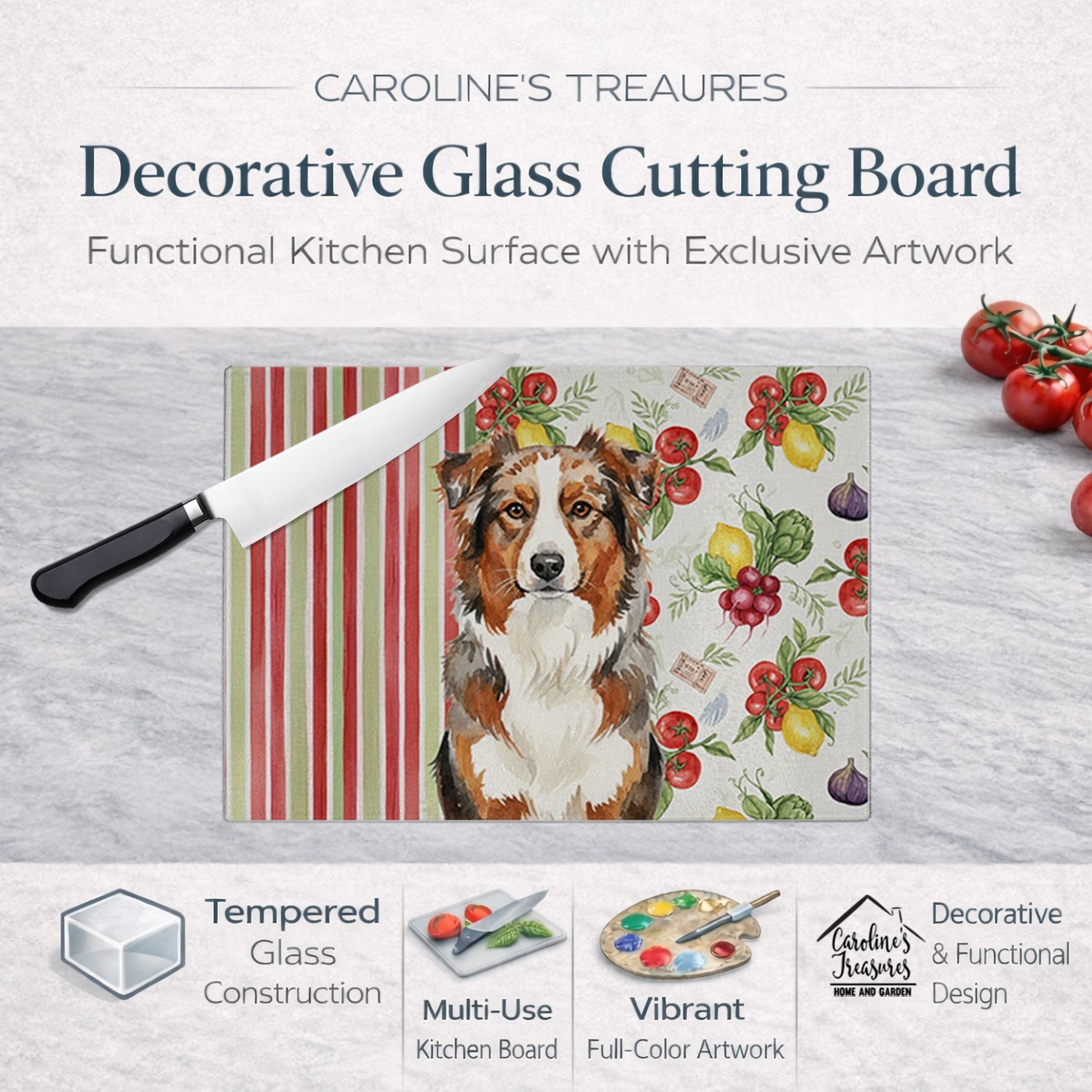 Red Merle Australian Shepherd Vegetables Cutting Board Tempered Glass Kitchen Cutting Surface, Heat Resistant Chopping, Non-Slip Feet, Food Prep & Serving