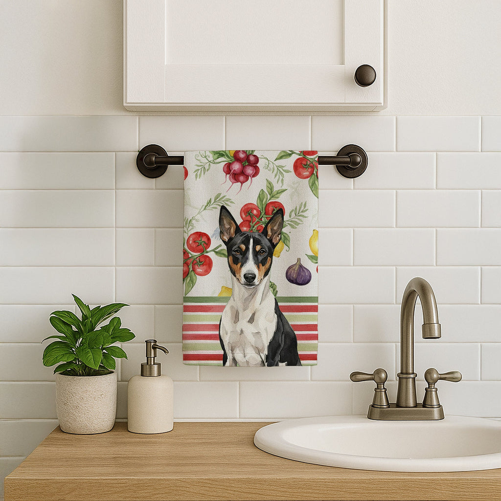 Black and White Basenji Vegetables Kitchen Towel Velour Plush Front and Cotton Loop Back Machine Washable