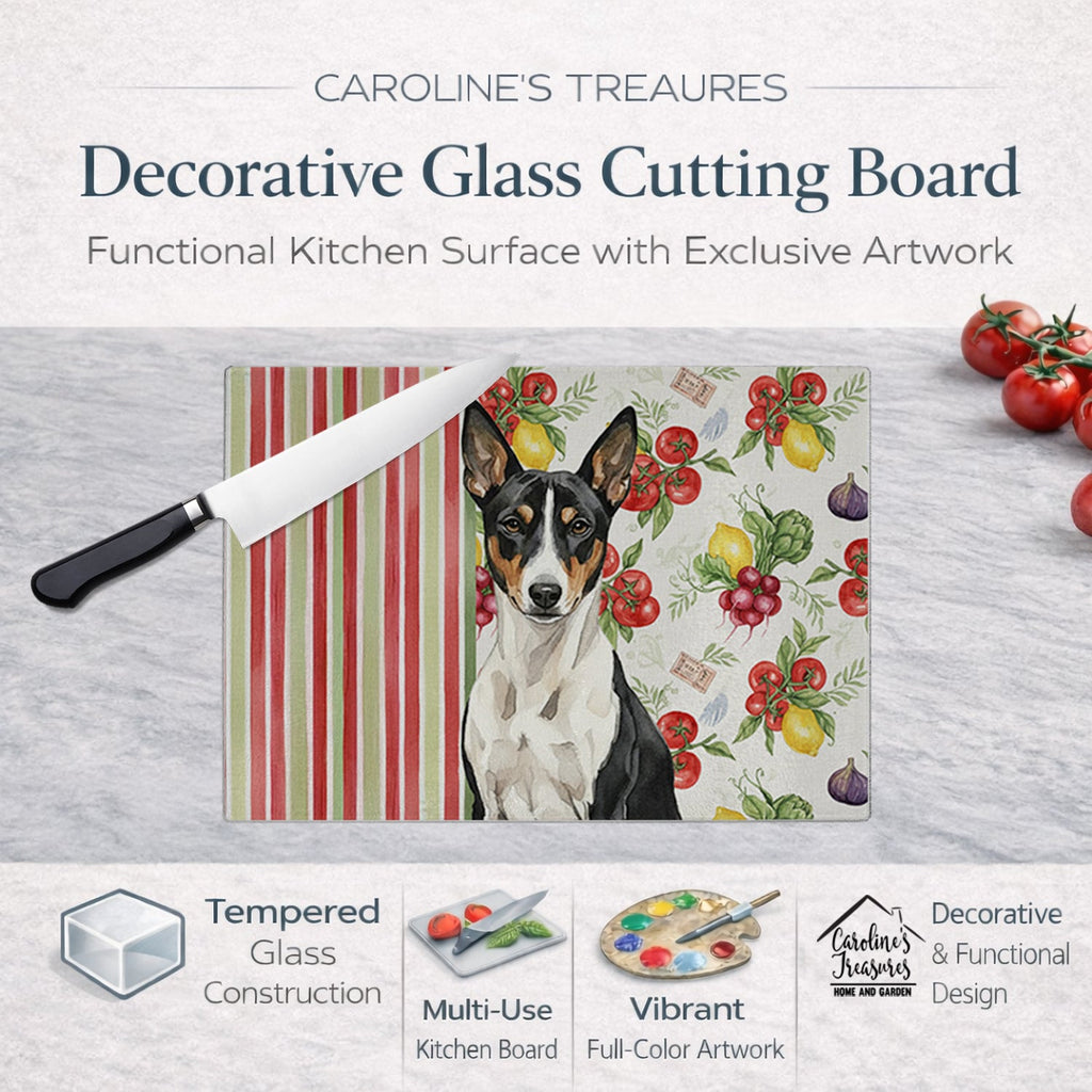 Black and White Basenji Vegetables Cutting Board Tempered Glass Kitchen Cutting Surface, Heat Resistant Chopping, Non-Slip Feet, Food Prep & Serving