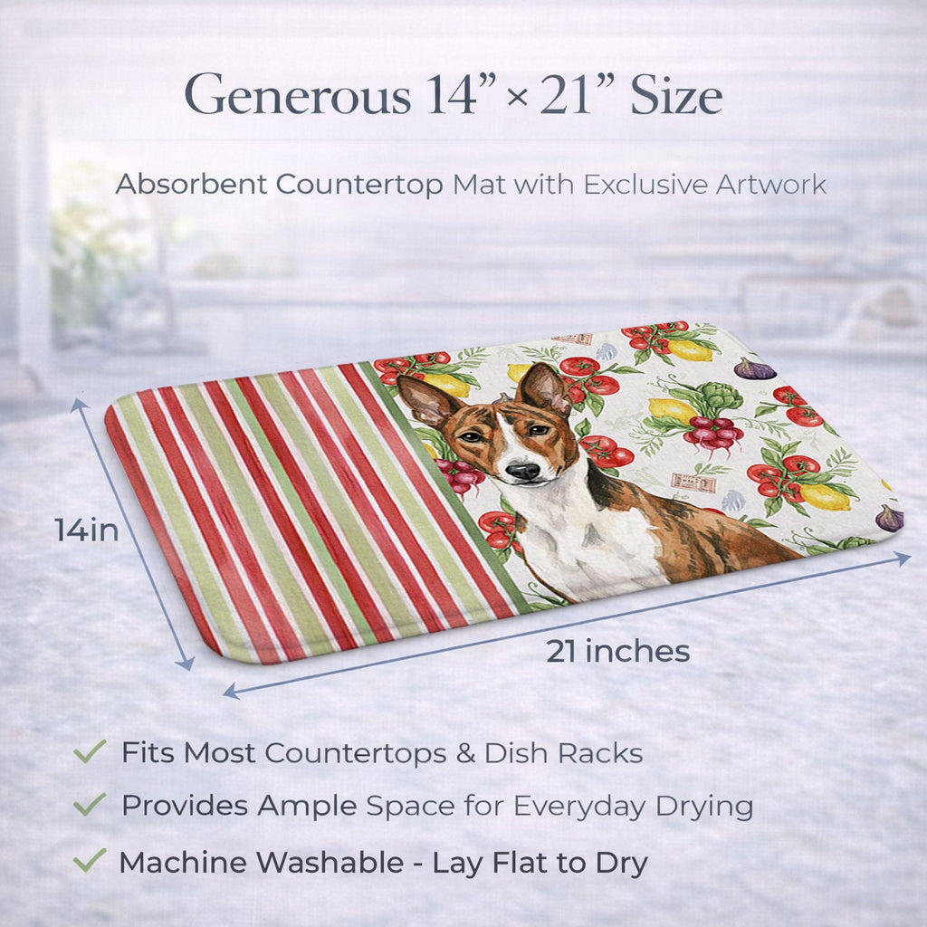 Brindle and White Basenji Vegetables Dish Drying Mat Absorbent Dish Drying Mat Pad for Kitchen Counter Dish Drainer Mat for Countertop, 14 x 21", Multicolor