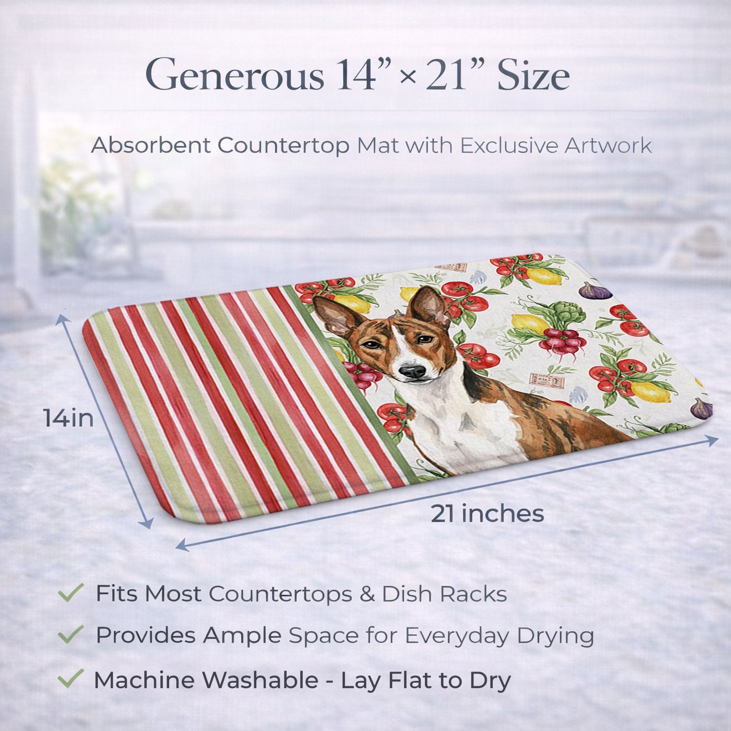 Brindle and White Basenji Vegetables Dish Drying Mat Absorbent Dish Drying Mat Pad for Kitchen Counter Dish Drainer Mat for Countertop, 14 x 21", Multicolor