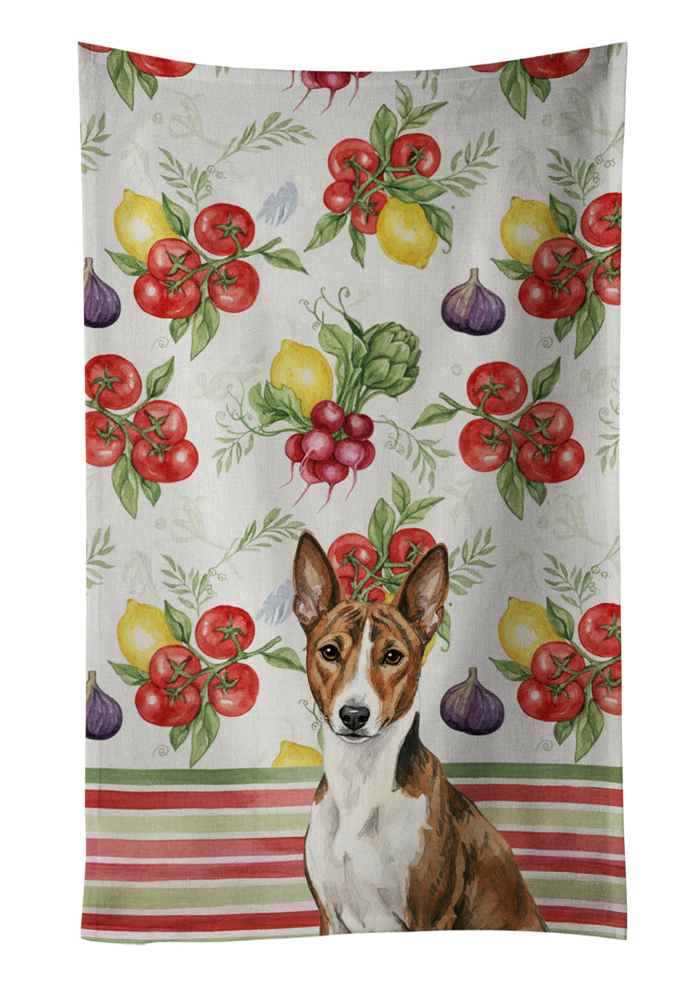 Brindle and White Basenji Vegetables Kitchen Towel Velour Plush Front and Cotton Loop Back Machine Washable