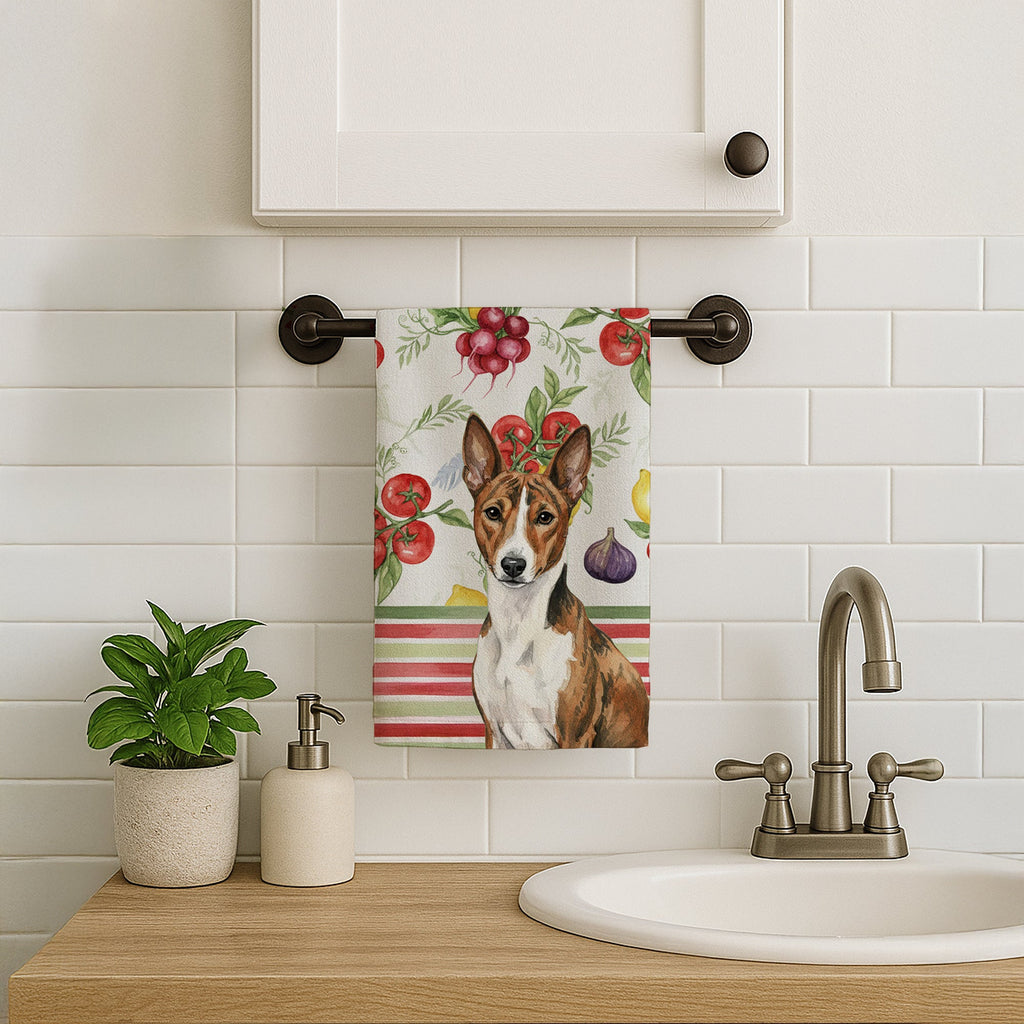 Brindle and White Basenji Vegetables Kitchen Towel Velour Plush Front and Cotton Loop Back Machine Washable