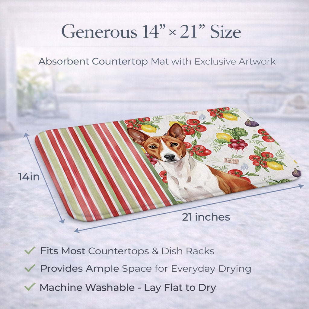 Red and White Basenji Vegetables Dish Drying Mat Absorbent Dish Drying Mat Pad for Kitchen Counter Dish Drainer Mat for Countertop, 14 x 21", Multicolor
