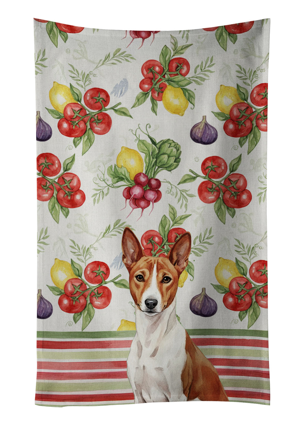 Red and White Basenji Vegetables Kitchen Towel Velour Plush Front and Cotton Loop Back Machine Washable
