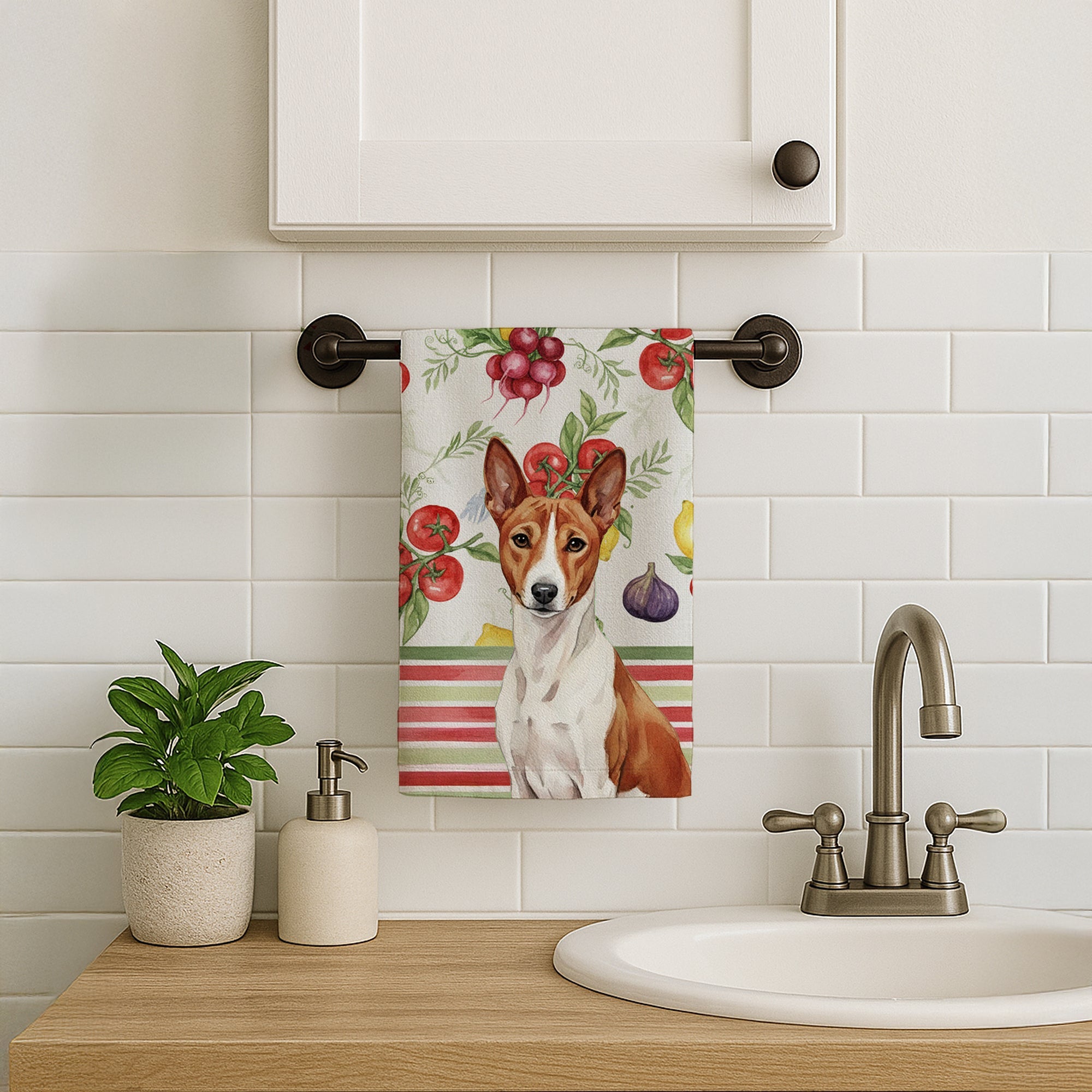 Red and White Basenji Vegetables Kitchen Towel Velour Plush Front and Cotton Loop Back Machine Washable
