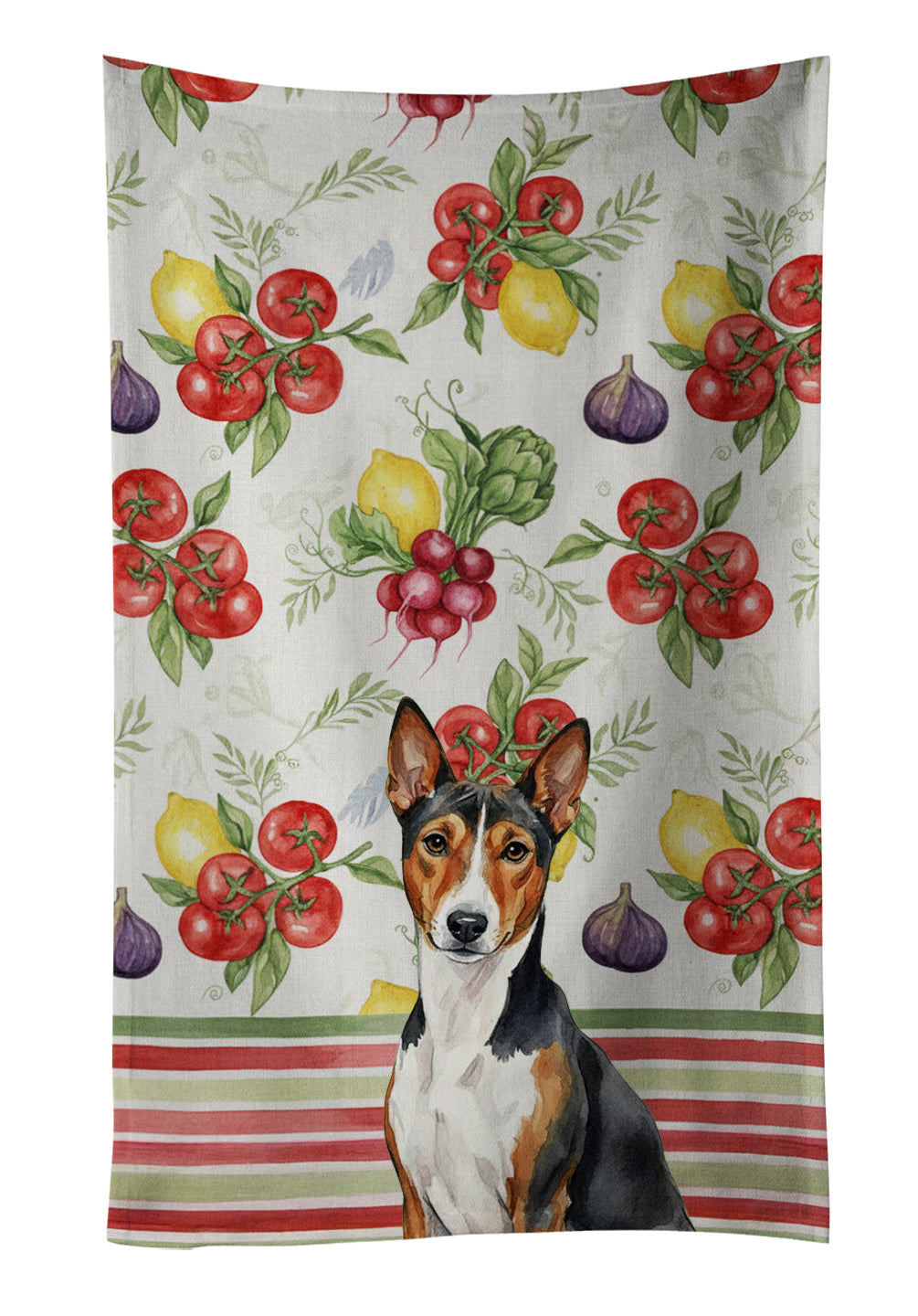 Tricolor and White Basenji Vegetables Kitchen Towel Velour Plush Front and Cotton Loop Back Machine Washable