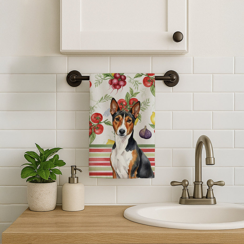 Tricolor and White Basenji Vegetables Kitchen Towel Velour Plush Front and Cotton Loop Back Machine Washable