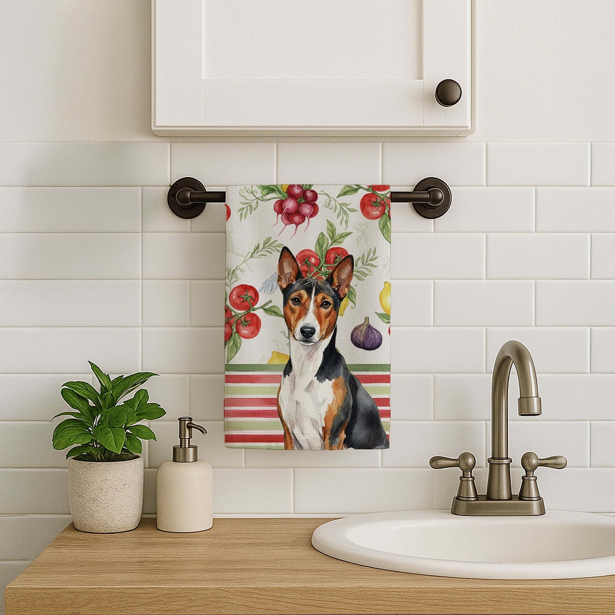 Tricolor and White Basenji Vegetables Kitchen Towel Velour Plush Front and Cotton Loop Back Machine Washable