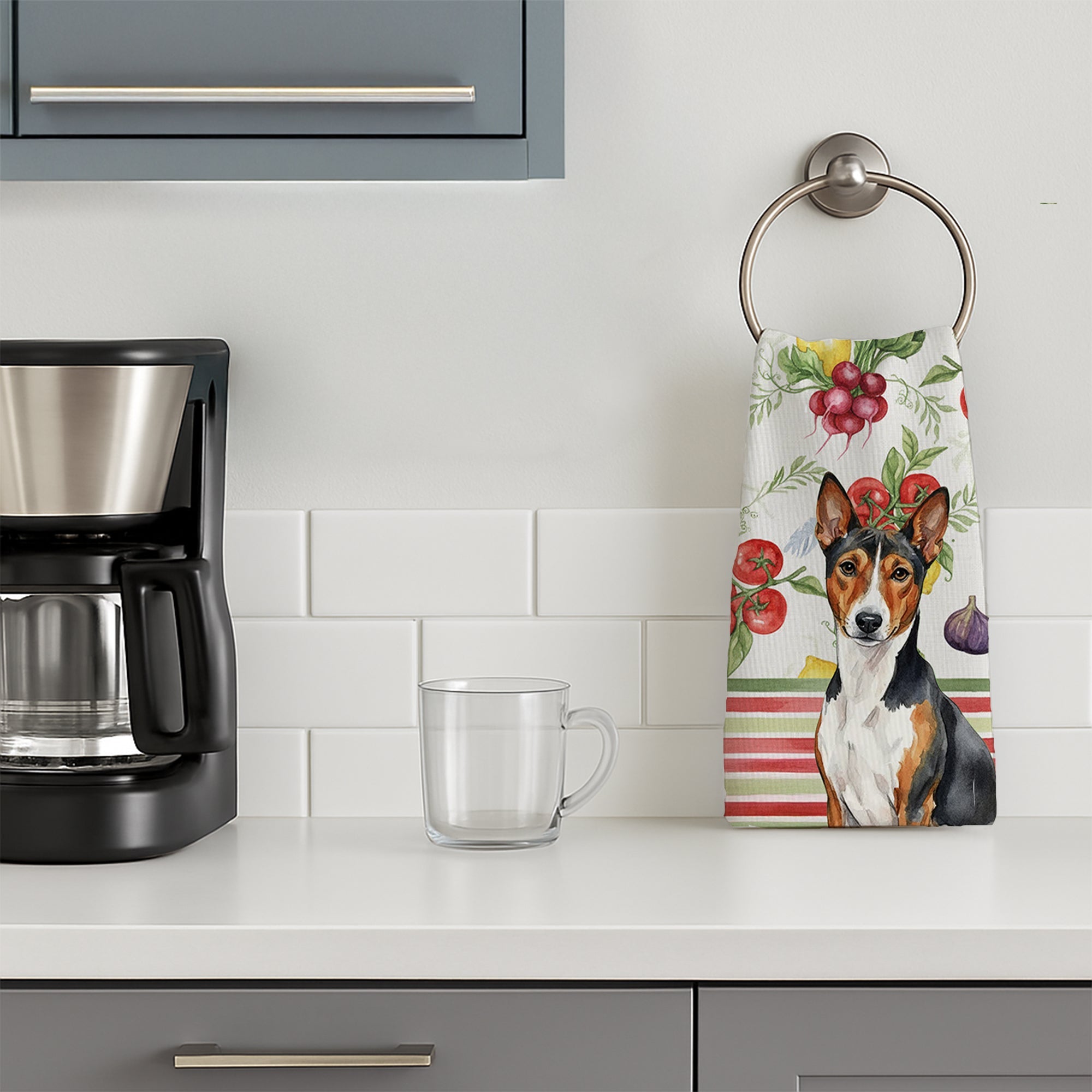 Tricolor and White Basenji Vegetables Kitchen Towel Velour Plush Front and Cotton Loop Back Machine Washable