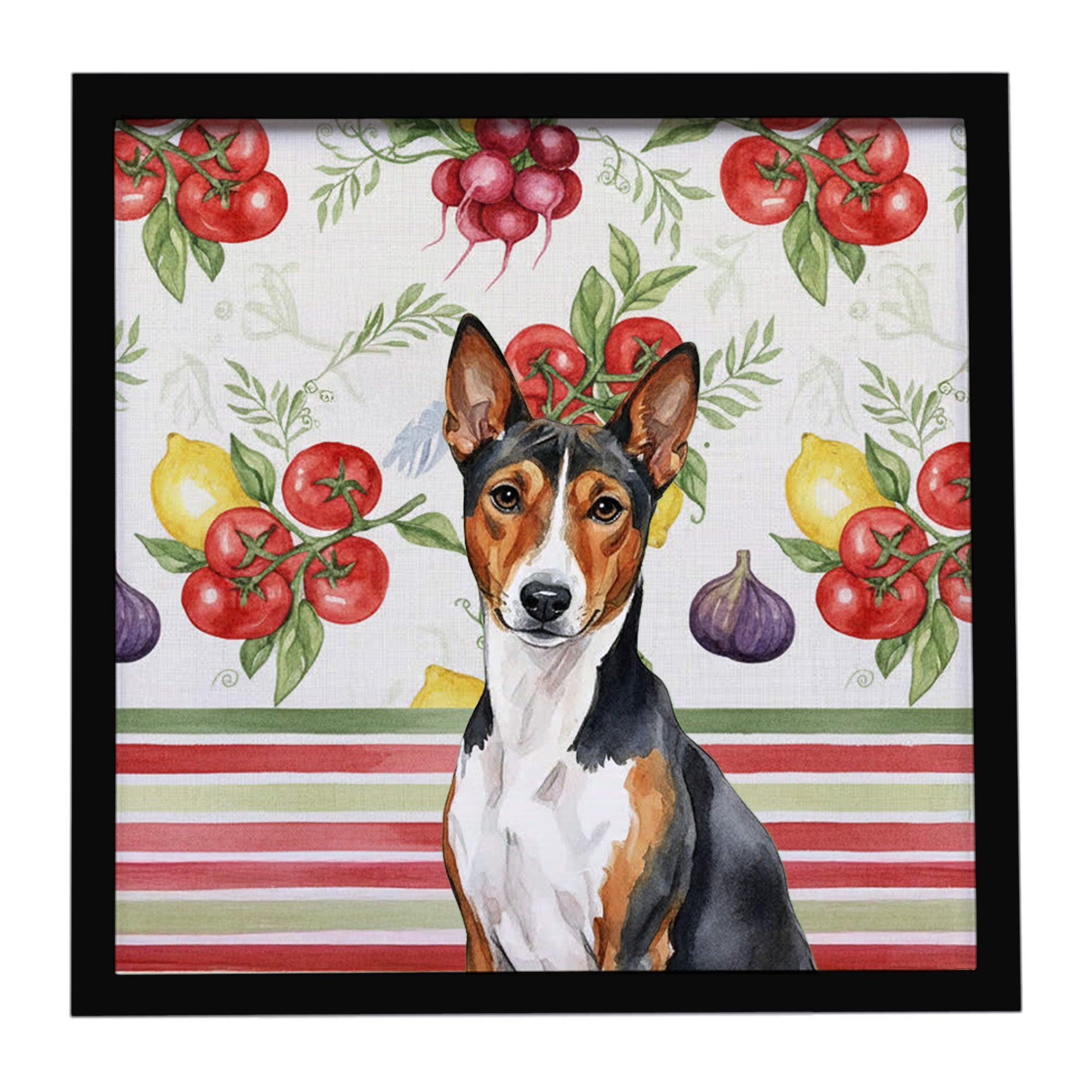 Tricolor and White Basenji Vegetables Framed Metal Print Bathroom, Kitchen, Office, Home Decor Wall Art Ready to Hang, Square, 8X8