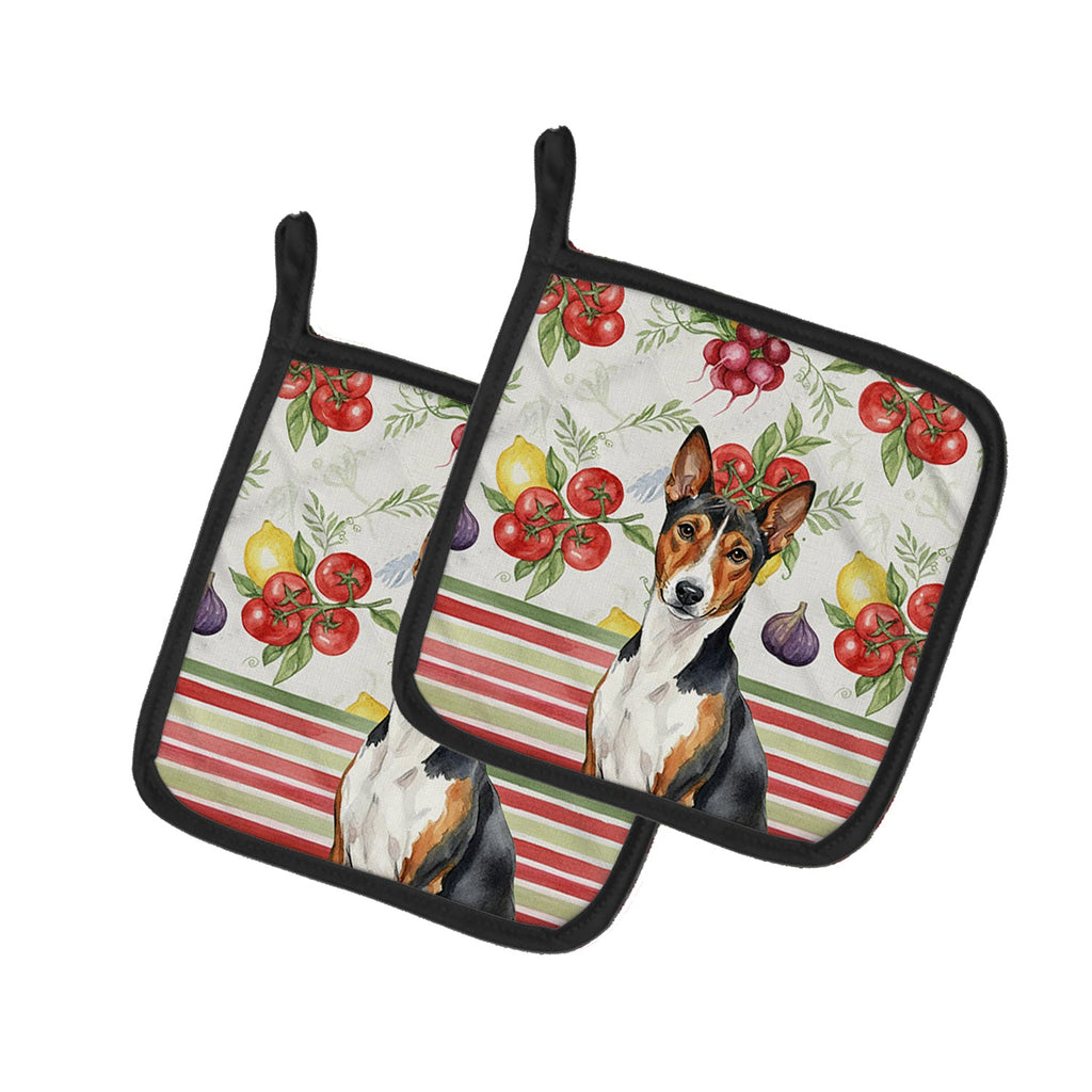 Tricolor and White Basenji Vegetables Pot Holder Set of 2 Heat Resistant Quilted Hot Pads 7.5 x 7.5 Inch, Insulated Kitchen Trivets for Cooking & Baking