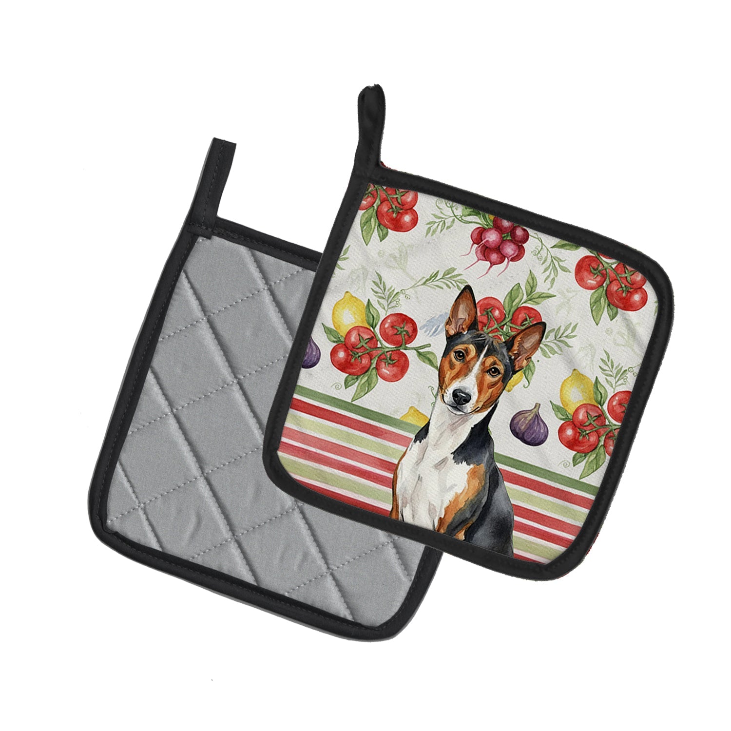 Tricolor and White Basenji Vegetables Pot Holder Set of 2 Heat Resistant Quilted Hot Pads 7.5 x 7.5 Inch, Insulated Kitchen Trivets for Cooking & Baking