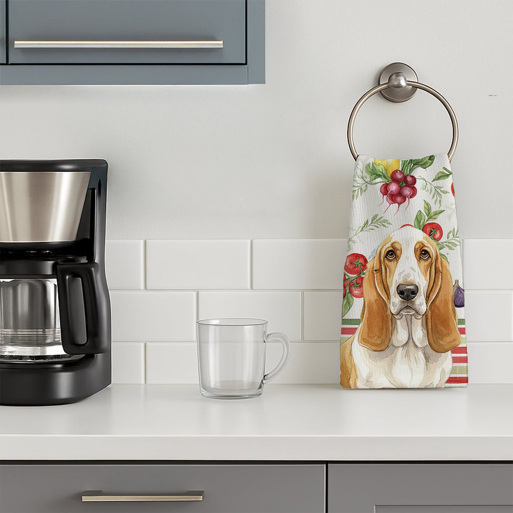 Lemon and White Basset Hound Vegetables Kitchen Towel Velour Plush Front and Cotton Loop Back Machine Washable