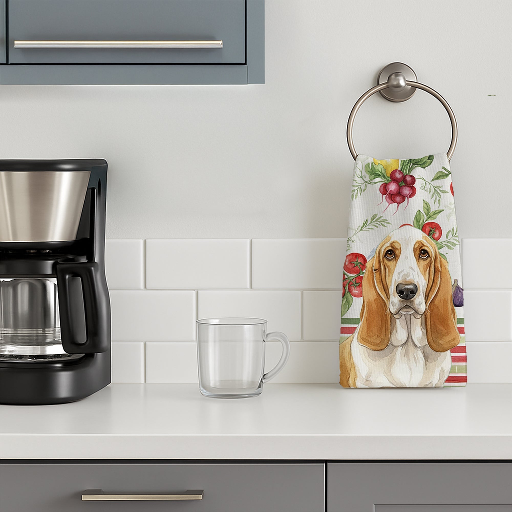 Lemon and White Basset Hound Vegetables Kitchen Towel Velour Plush Front and Cotton Loop Back Machine Washable