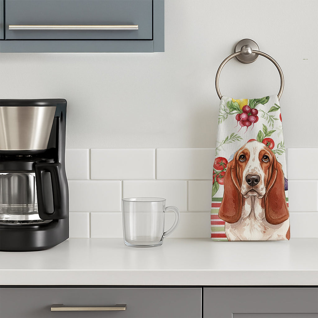 Red and White Basset Hound Vegetables Kitchen Towel Velour Plush Front and Cotton Loop Back Machine Washable