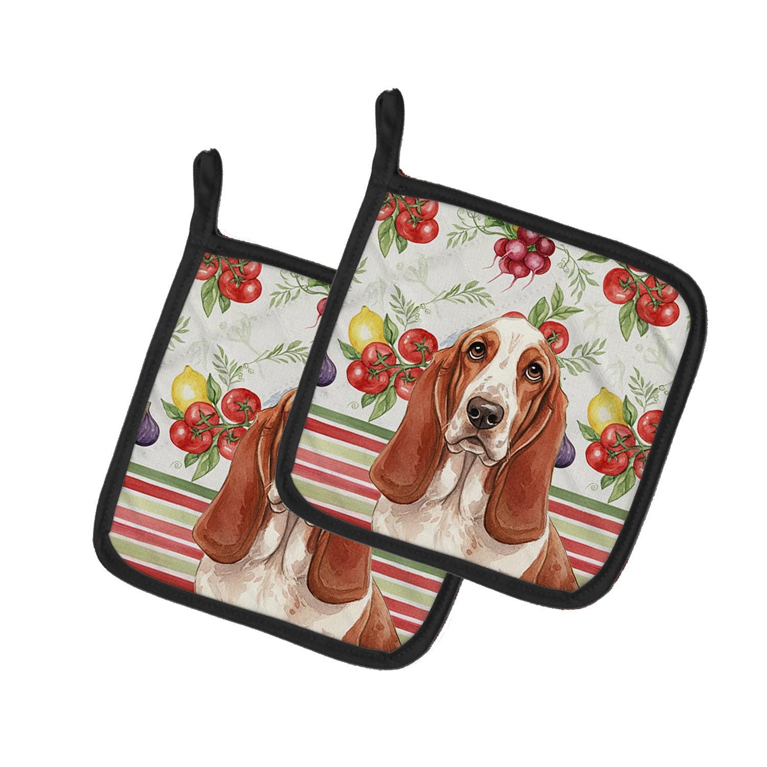 Red and White Basset Hound Vegetables Pot Holder Set of 2 Heat Resistant Quilted Hot Pads 7.5 x 7.5 Inch, Insulated Kitchen Trivets for Cooking & Baking