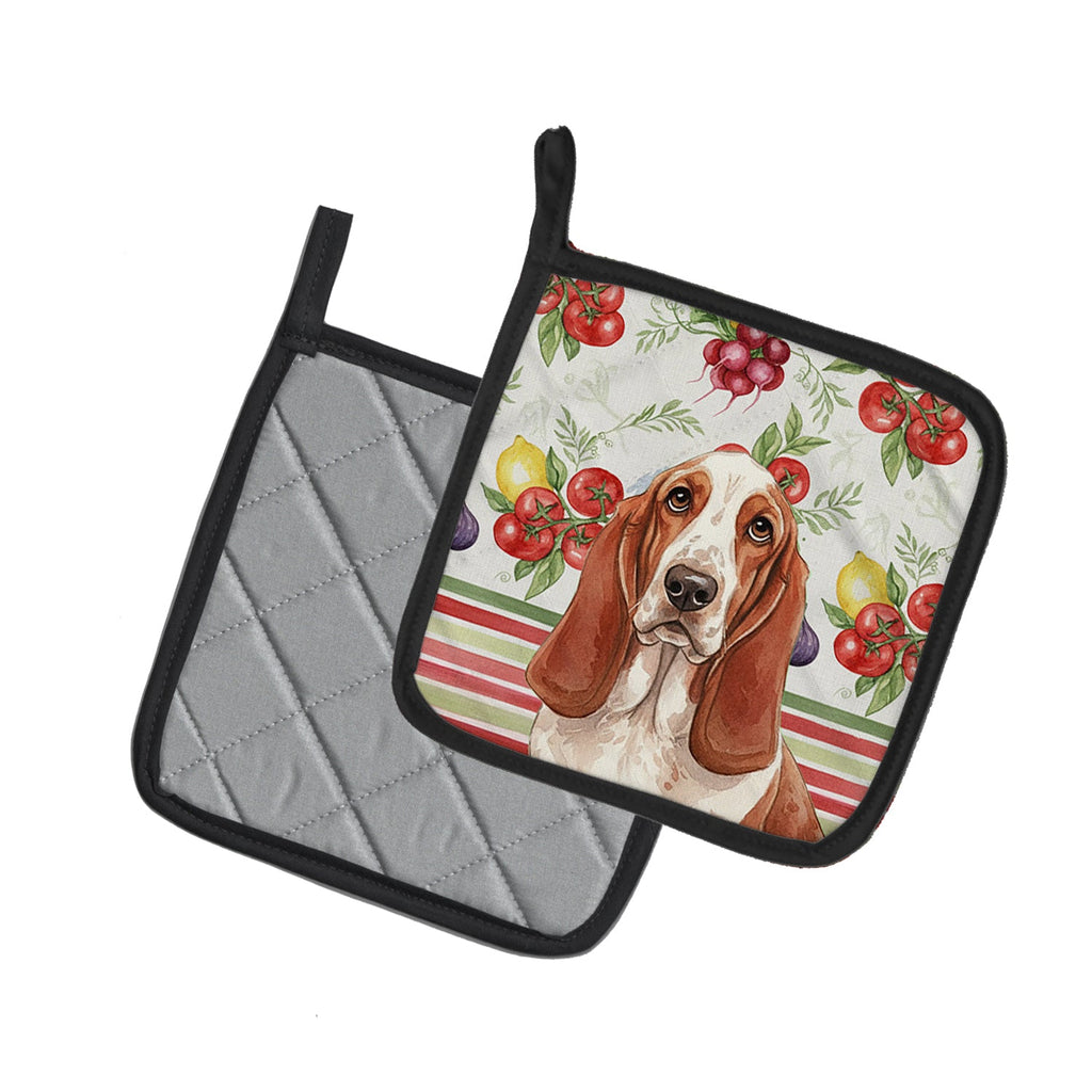 Red and White Basset Hound Vegetables Pot Holder Set of 2 Heat Resistant Quilted Hot Pads 7.5 x 7.5 Inch, Insulated Kitchen Trivets for Cooking & Baking