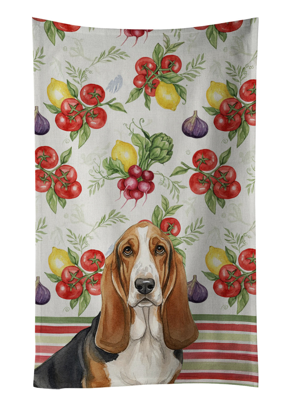 Tricolor and White Basset Hound Vegetables Kitchen Towel Velour Plush Front and Cotton Loop Back Machine Washable