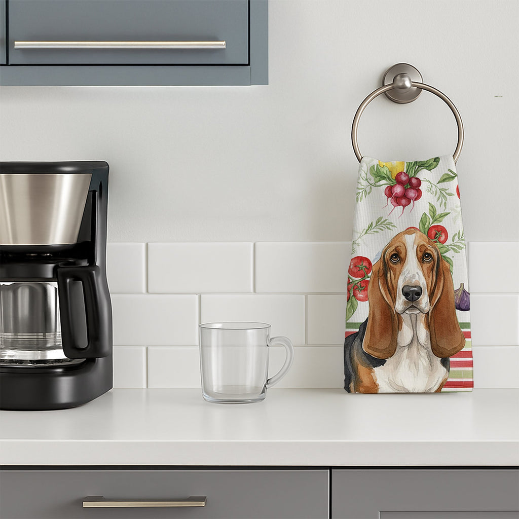 Tricolor and White Basset Hound Vegetables Kitchen Towel Velour Plush Front and Cotton Loop Back Machine Washable