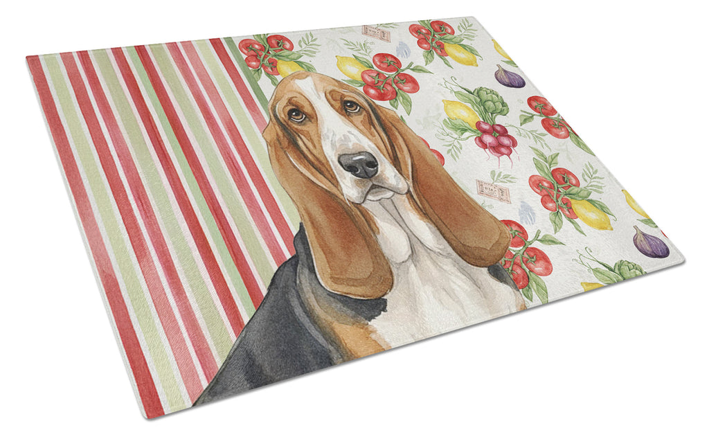Tricolor and White Basset Hound Vegetables Cutting Board Tempered Glass Kitchen Cutting Surface, Heat Resistant Chopping, Non-Slip Feet, Food Prep & Serving