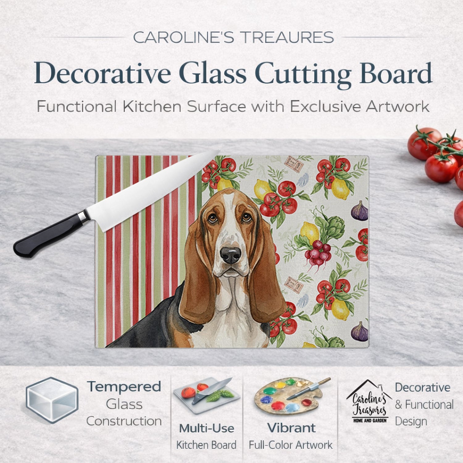 Tricolor and White Basset Hound Vegetables Cutting Board Tempered Glass Kitchen Cutting Surface, Heat Resistant Chopping, Non-Slip Feet, Food Prep & Serving
