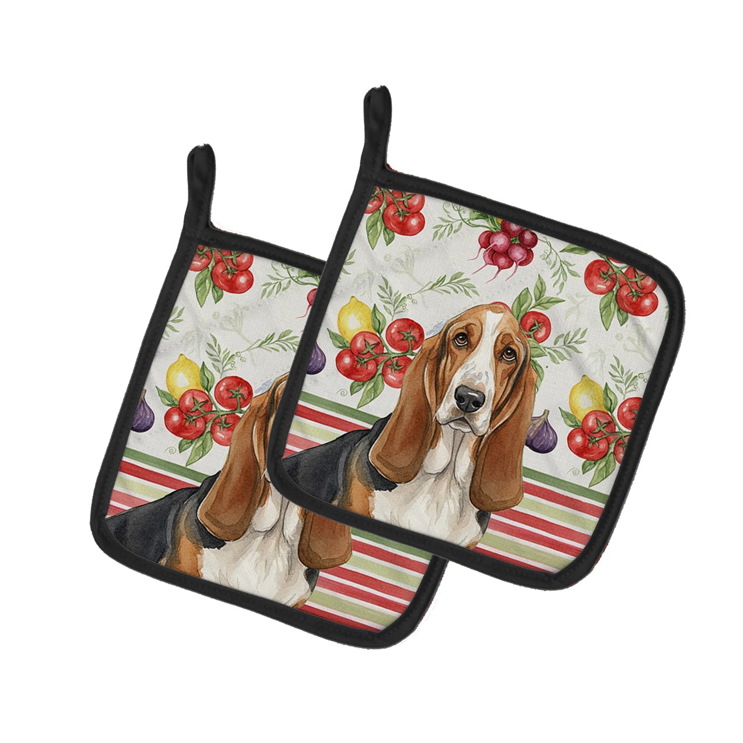 Tricolor and White Basset Hound Vegetables Pot Holder Set of 2 Heat Resistant Quilted Hot Pads 7.5 x 7.5 Inch, Insulated Kitchen Trivets for Cooking & Baking