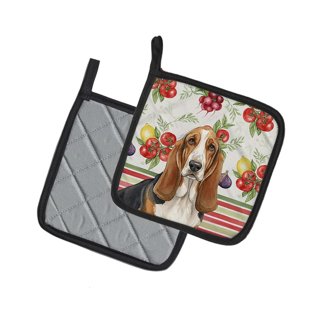 Tricolor and White Basset Hound Vegetables Pot Holder Set of 2 Heat Resistant Quilted Hot Pads 7.5 x 7.5 Inch, Insulated Kitchen Trivets for Cooking & Baking