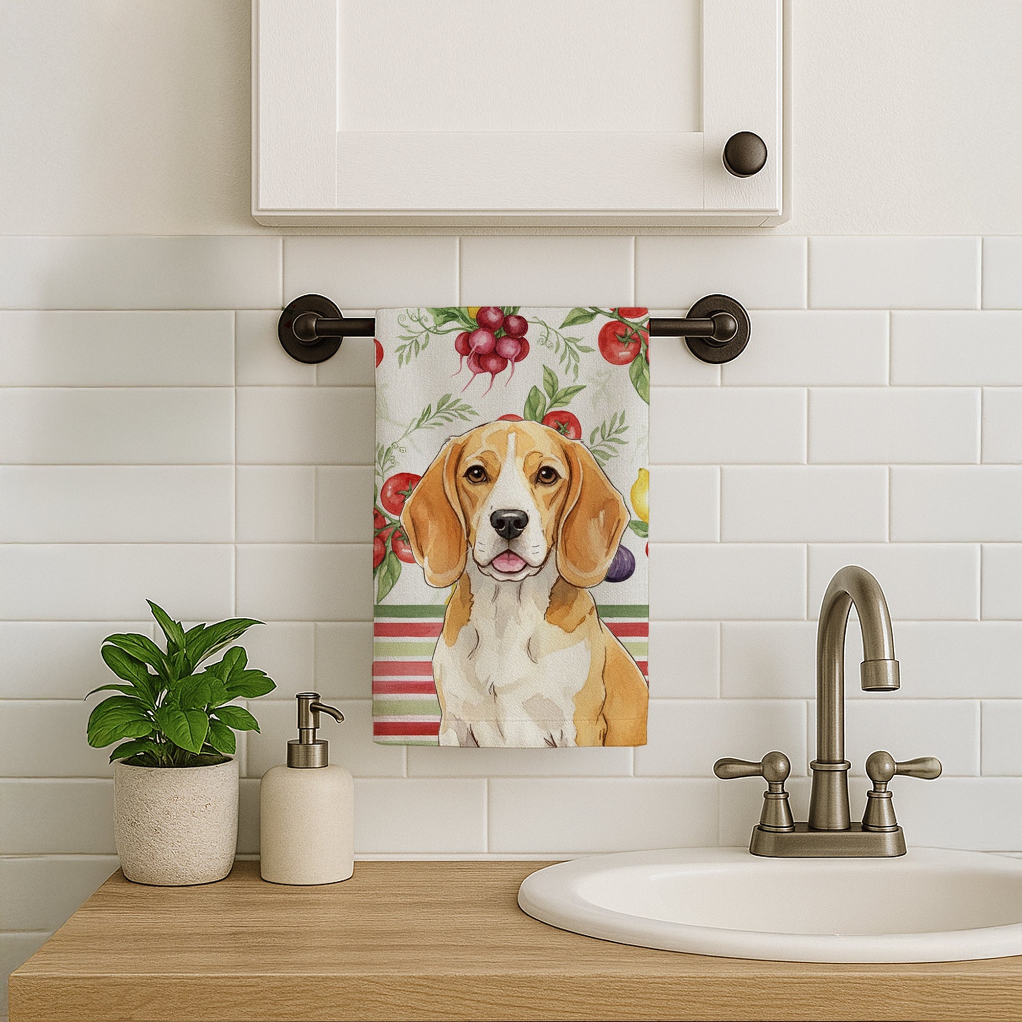 Lemon and White Beagle Vegetables Kitchen Towel Velour Plush Front and Cotton Loop Back Machine Washable