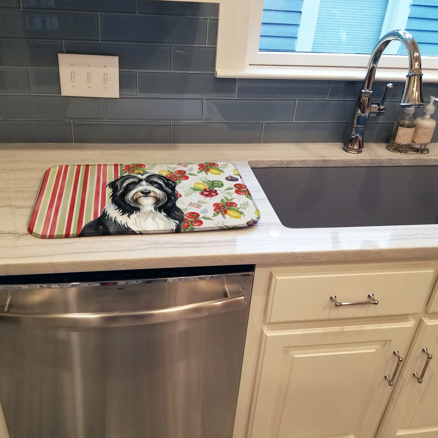 Black Bearded Collie Vegetables Dish Drying Mat Absorbent Dish Drying Mat Pad for Kitchen Counter Dish Drainer Mat for Countertop, 14 x 21", Multicolor