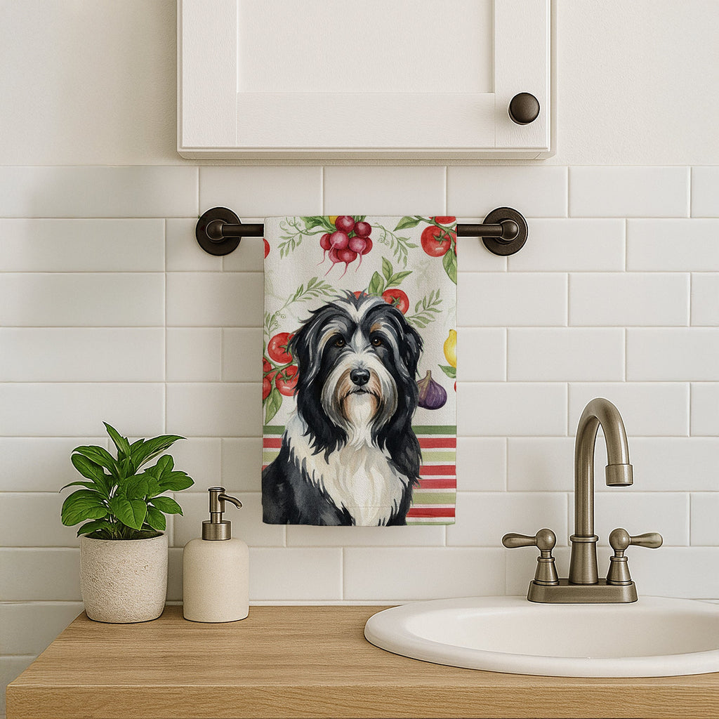 Black Bearded Collie Vegetables Kitchen Towel Velour Plush Front and Cotton Loop Back Machine Washable
