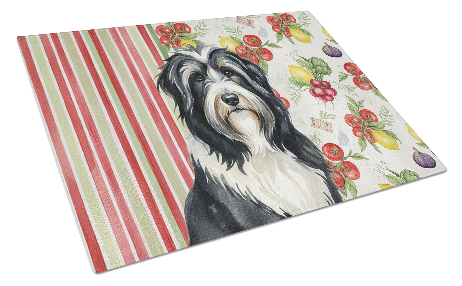 Black Bearded Collie Vegetables Cutting Board Tempered Glass Kitchen Cutting Surface, Heat Resistant Chopping, Non-Slip Feet, Food Prep & Serving