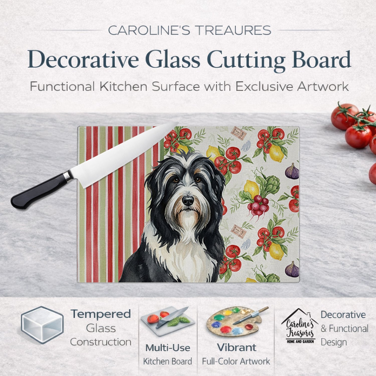Black Bearded Collie Vegetables Cutting Board Tempered Glass Kitchen Cutting Surface, Heat Resistant Chopping, Non-Slip Feet, Food Prep & Serving